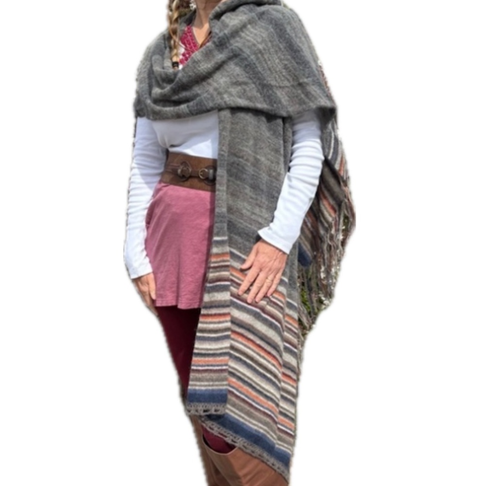 Free People Latitude 30 Wool Wrap Poncho Shawl Rainbow Stripe Fringe Sweater